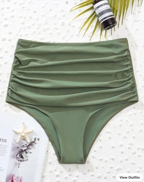 Green Ruched High Waisted Bikini Bottom
