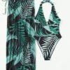 Plant Print Halter One Piece Swimsuit & Beach Skirt