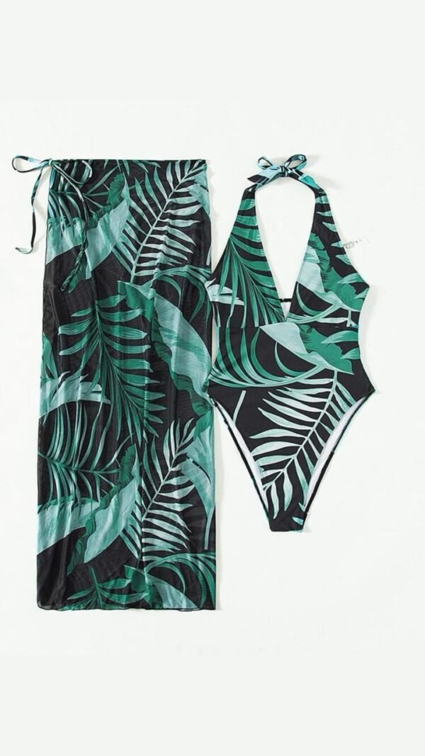 Plant Print Halter One Piece Swimsuit & Beach Skirt