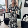 Black Deep V Neck Boarder Printed Maxi Dress