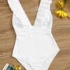 White Ruffle Trim Lace Up One Piece Swimsuit