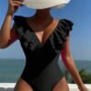Black Ruffle Trim One Piece Swimsuit
