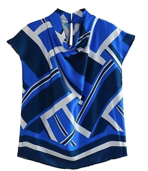 TRAF Blue Print Top Women Turtleneck Satin Blouse