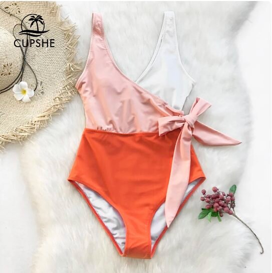 Cupshe Orange And White Colorblock One-piece Swimsuit