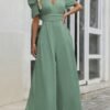 Green Solid Color V-Neck Short Sleeve Jumpsuit
