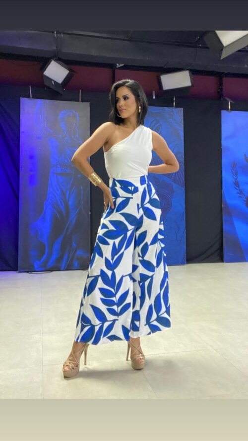 VCAY One Shoulder Top & Plants Print Wide Leg Pants