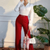 Red Solid Button Front Blouse & Pants