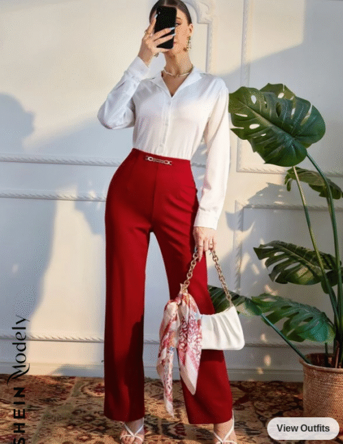 Red Solid Button Front Blouse & Pants