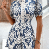 Random Baroque Print Guipure Lace Panel Puff Sleeve Romper