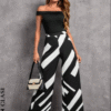 Black Clasi Off Shoulder Blouse & Geo Print Wide Leg Pants