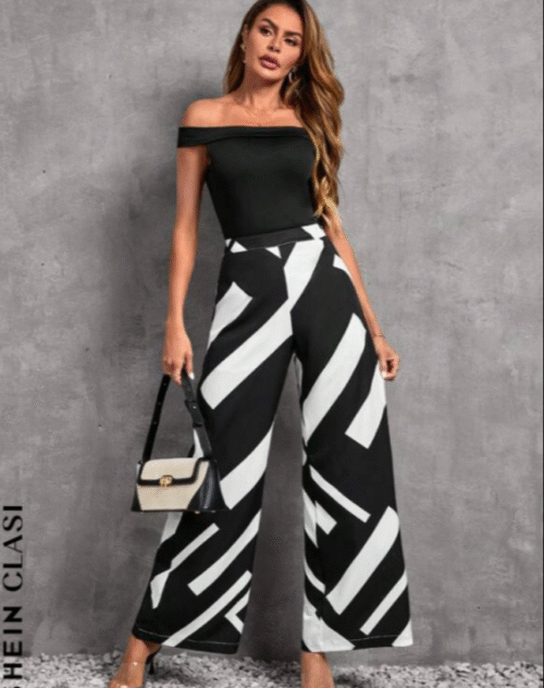 Black Clasi Off Shoulder Blouse & Geo Print Wide Leg Pants