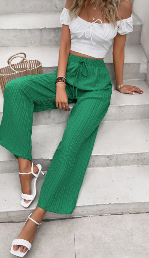 Green VCAY Tie Waist Wide Leg Pants