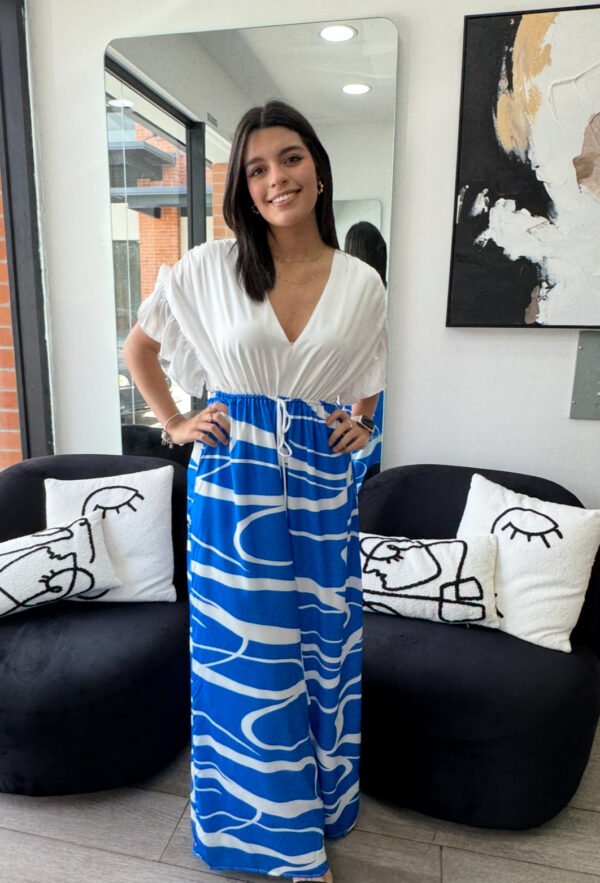 Blue Satin jumpsuit with ruffle sleeves