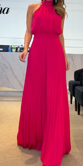 Fucsia Elegant Solid Pleated Dress
