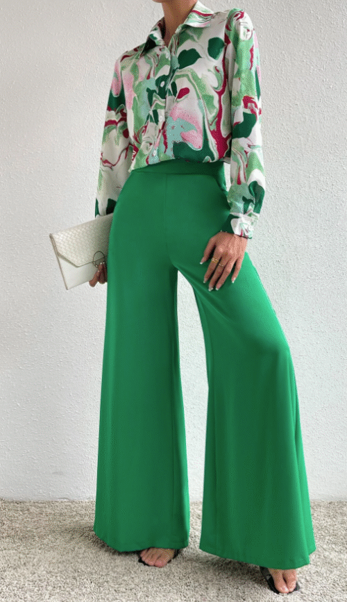 Green Print Shirt & Wide Leg Pants
