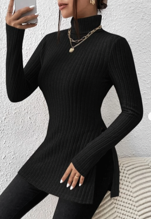 7f5fbbae-5121-416a-b2af-acfc2adf4c82.png Black Solid Turtleneck Split Hem Tee