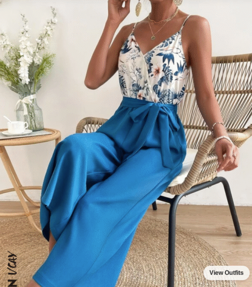 VCAY Floral Print Belted Cami Jumpsuit