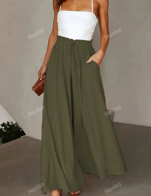 Green Casual Solid Color Wide Leg Pants