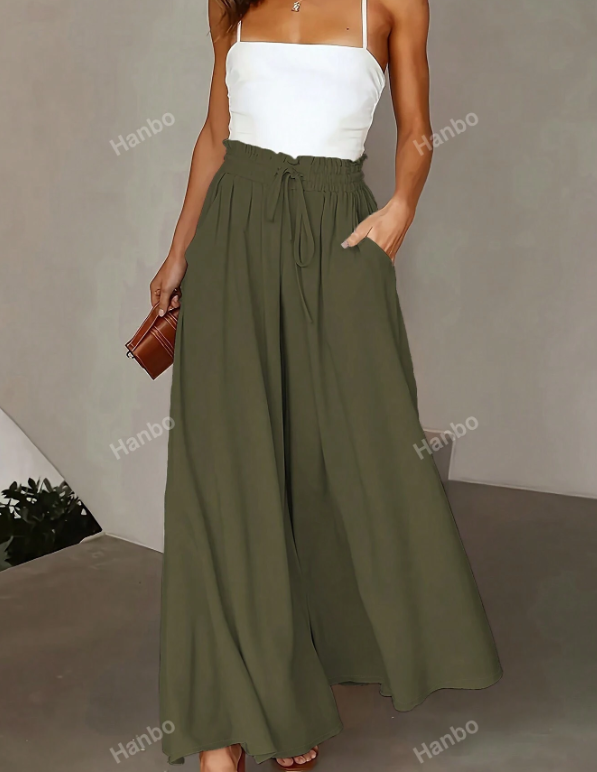 Green Casual Solid Color Wide Leg Pants
