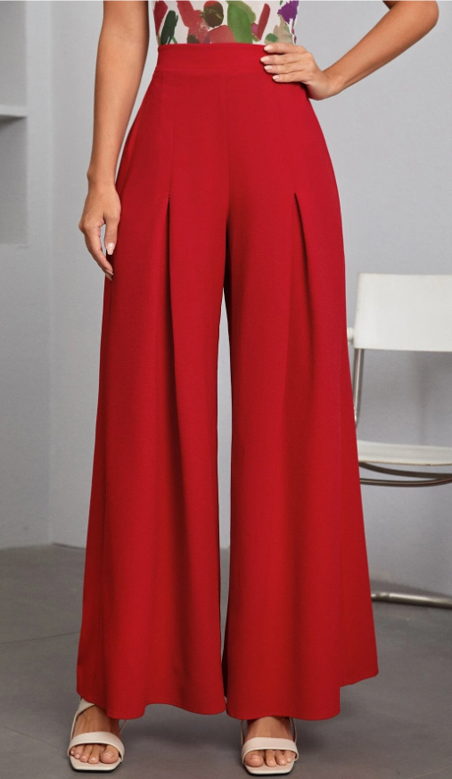 Red Unity High Waist Fold Pleated Detail Wide Leg Pants