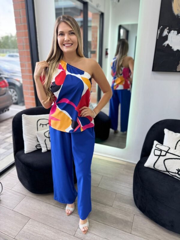 LUNE One Shoulder Dolman Sleeve Blouse & Wide Leg Pants