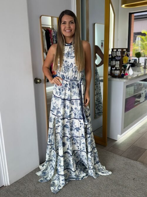 Navy Halter Neck Maxi Tiered Dress