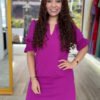 Magenta Solid Shift Dress V slash neckline
