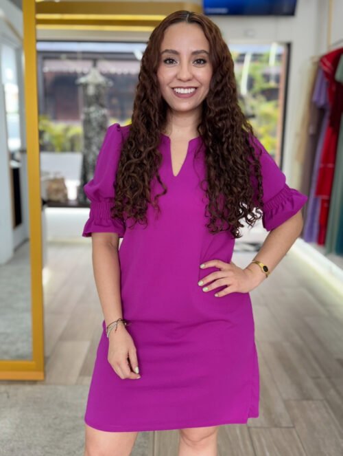 0f2dd045-bd2c-44a1-8e66-889c096647a0.jpeg Magenta Solid Shift Dress V slash neckline