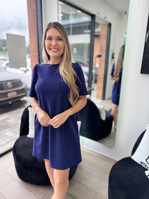 Navy solid shift dress short puff sleeve