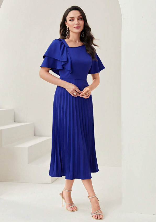 Royal Blue Asymmetrical Pleated Hem Dress