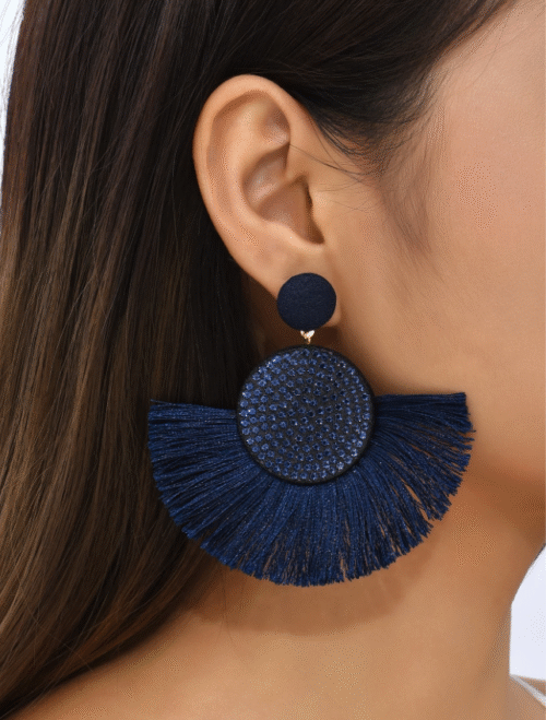 Navy Rhinestone Decor Tassel Drop Earrings