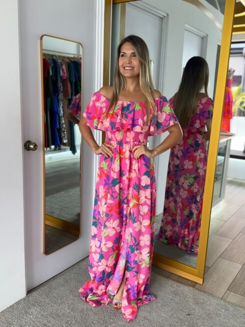 22e2b2c8-07a4-40d1-8ffb-8518761dded2.jpeg Pink Off Shoulder Tropical Maxi Dress