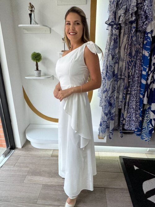 29a5560b-84e5-4500-958c-6cec6dff0d48.jpeg White One shoulder sleeve mid dress cut with tie string strap sleeve