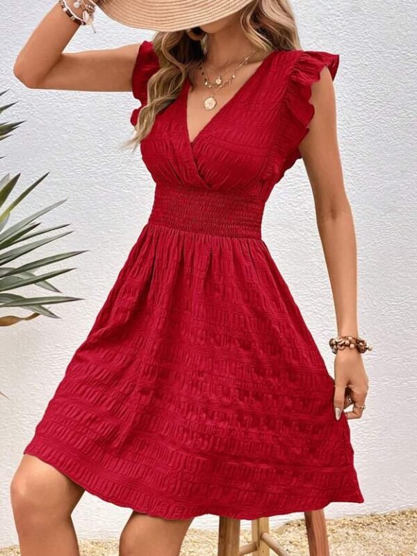 2b7974b2-6d16-4f7d-90d1-bd0c91ad8fa4.jpg Red Ruffle Trim Surplice Neck A-line Dress