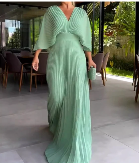 Green Bat Sleeve High Waist Casual Dress