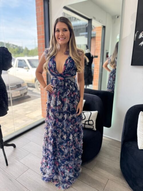 Navy Floral Mesh Cut-Out Maxi Dress