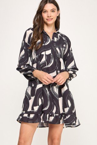 Black Print tiered dress with Long Sleeves