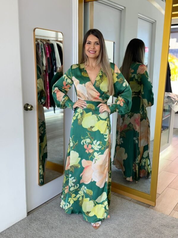 Green Multifloral Long Sleeve Wrap Maxi Dress