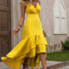 Yellow Ruffled Hem Asymmetric Straps Dress