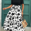 Black Floral Print Ruffle Hem Short Sleeve Round Neck Dress