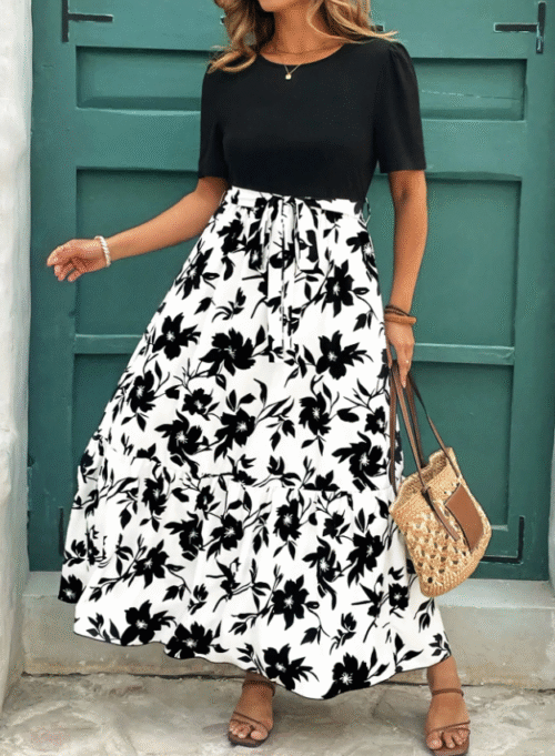 Black Floral Print Ruffle Hem Short Sleeve Round Neck Dress