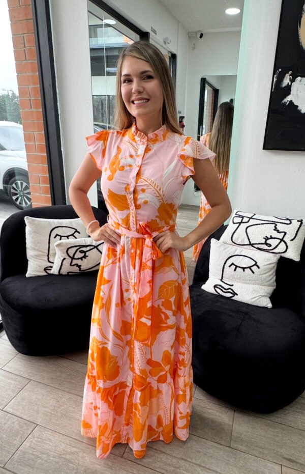 Lenira Pink Orange Button Down Maxi Dress