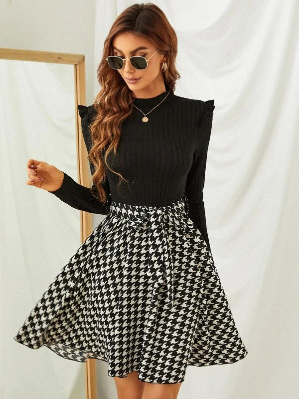 52c5a5fd-4c8b-443c-9a4e-68d47db51bb1.webp 2 In 1 Houndstooth Frill Trim Belted Flared Dress