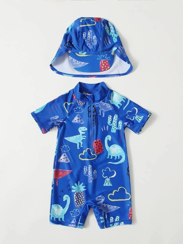 Baby Boy Dinosaur Print One Piece Swimsuit & Hat