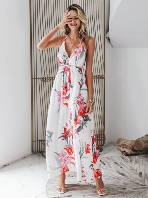 White Floral Backless Dress