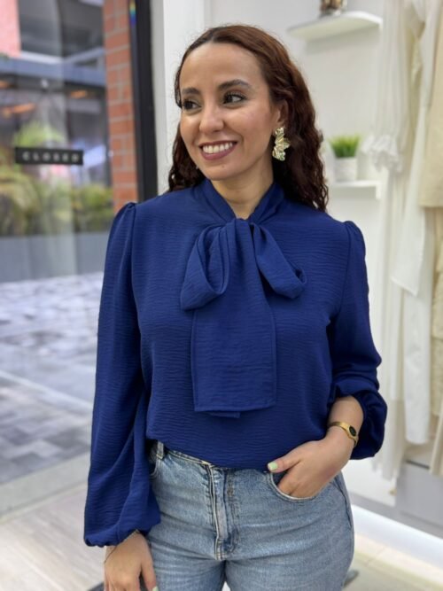 Navy Solid Long Sleeve Blouse