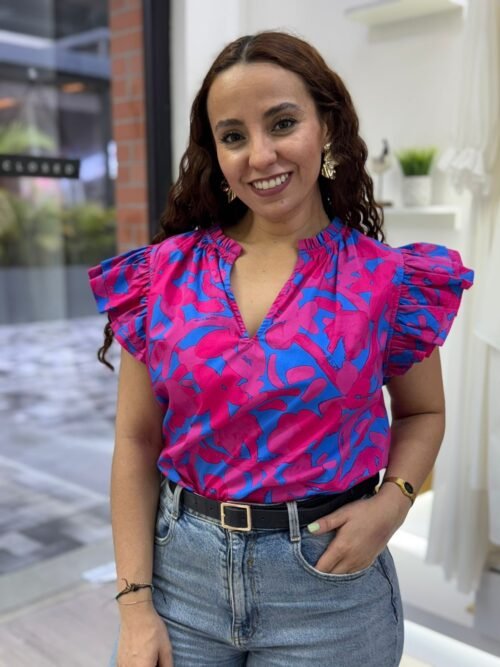 Yeraldi Berry Risette Ruffle Split Neck Top