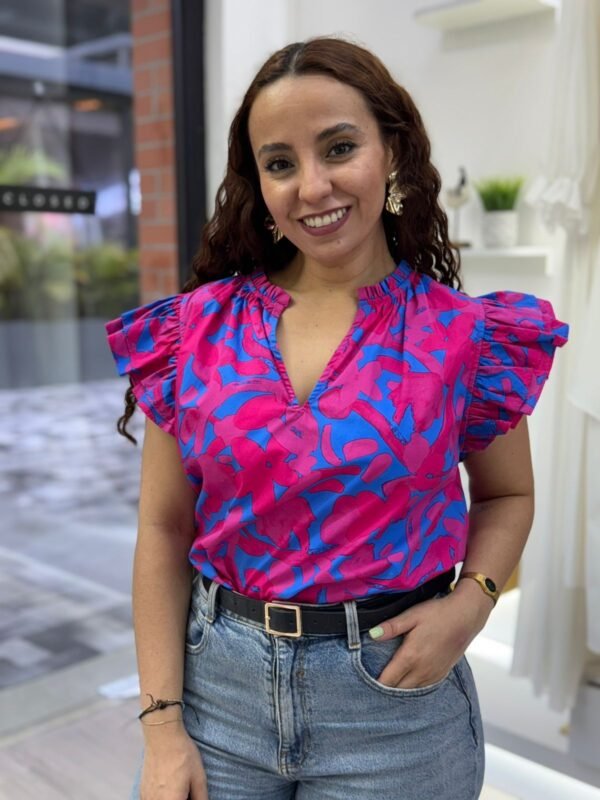 Yeraldi Berry Risette Ruffle Split Neck Top