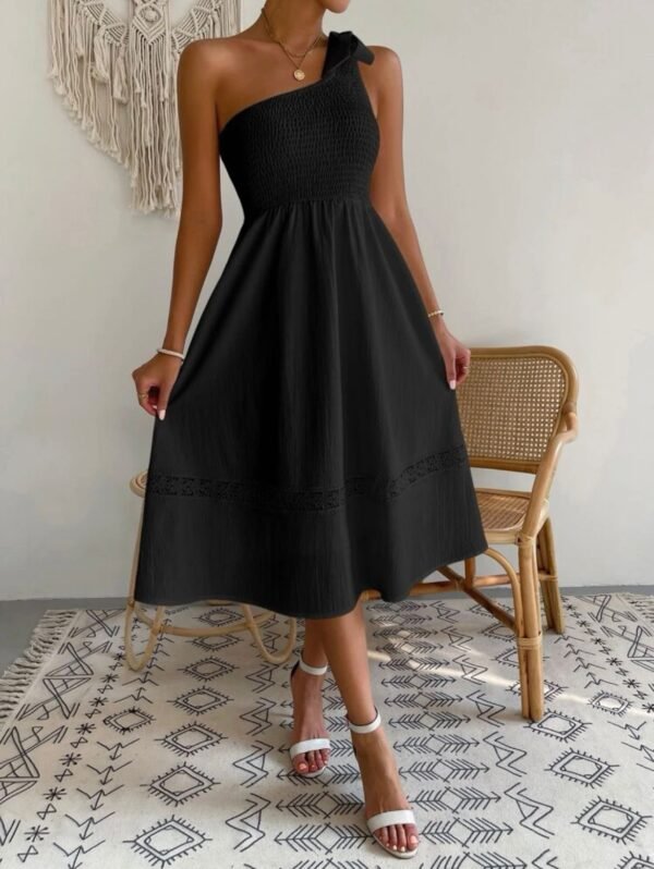 66b82ae3-a221-4616-b1a3-9f0f17ba57fe.jpeg Black Tie One Shoulder Shirred Guipure Lace Panel Dress