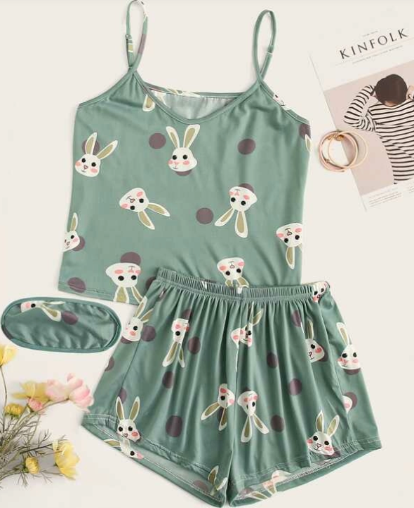 Rabbit Print Polka Dot Cami PJ Set With Eye Cover